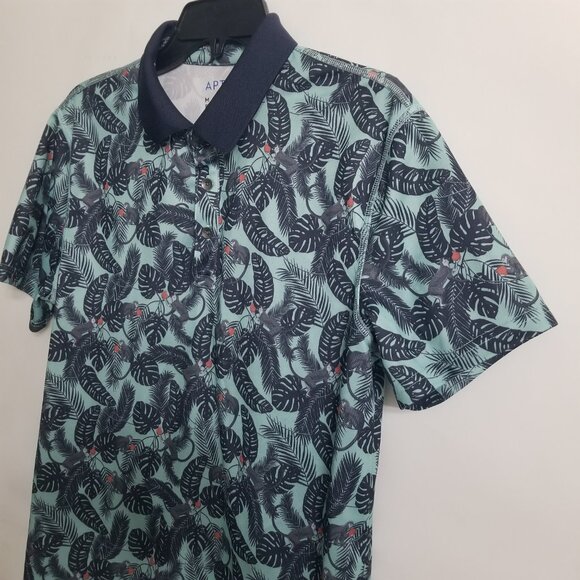 Apt 9 Mens M Short Sleeve Hawaiian Premiere Flex Polo Teal Blue Black Monkey - Picture 4 of 12